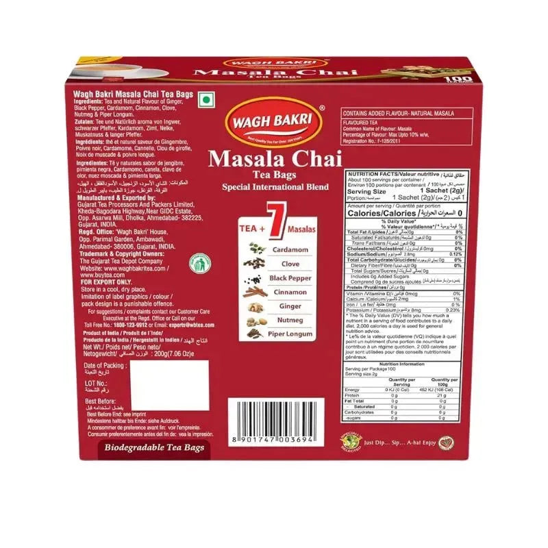 Best Before 30th September 2026 - Wagh Bakri Masala Chai/ Tea bags - 200g / 100 bags-Global Food Hub
